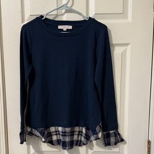 LOFT Navy Top with Plaid Ruffle Hem